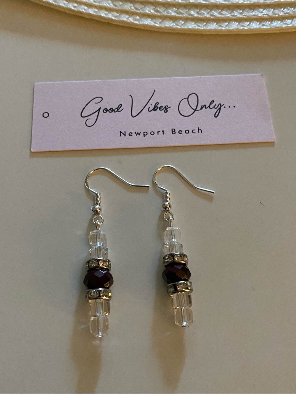 Good Vibes 😎 Only Clear and Deep Purple Bead Drop Earrings